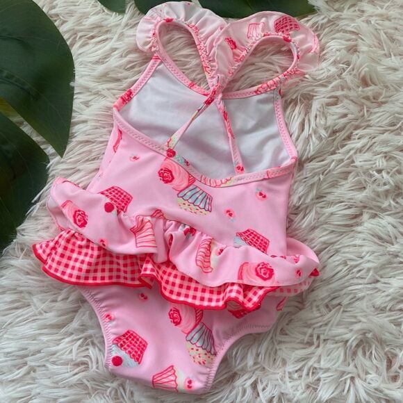 Sunuva NWOT Pink Cupcake Ruffle Gingham Baby One peice Swimsuit 3-6 mo - Picture 2 of 4